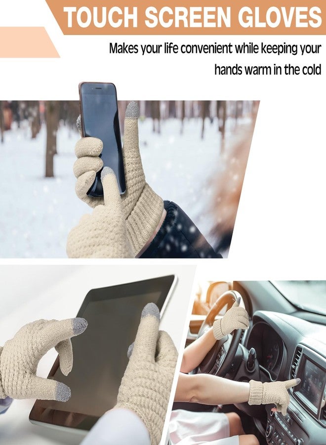 ShinyMatch 4 Pcs Winter Hat Scarf Gloves and Ear Warmers Set, Fleece Lined Knit Hat Scarf Touch Screen Gloves for Women Girl (Beige) - Image 4